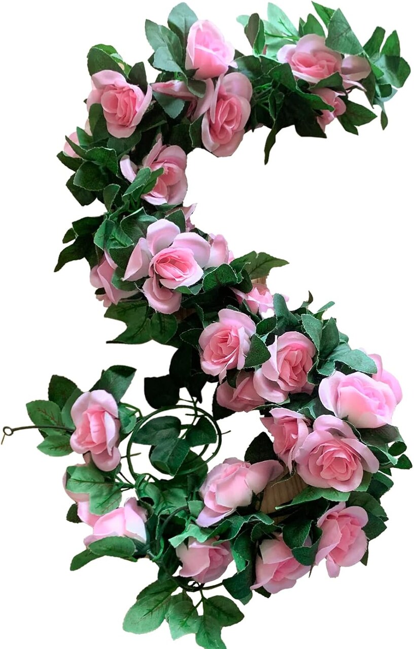 2 Pack Artificial Rose Vine Garland – Fake Pink Roses with Leaves, Hanging Flower Vines for Wedding, Party, Table, Garden, Arch & Home Decoration